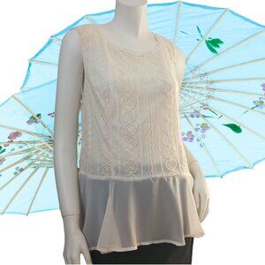 Mossimo Beige Round Neck Sleeveless Lace Tank Top Size XL Asymmetrical Sheer